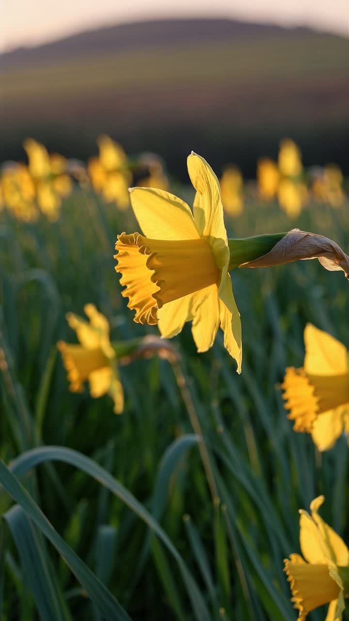Close-up of blooming daffodils in a field at sunset, captured from a low angle, creating a serene