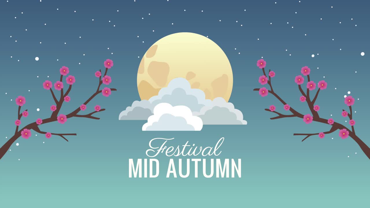 mid autumn lettering animation with fullmoon and trees branches
