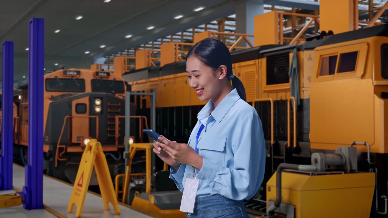 Vista laterale di una donna asiatica con il suo smartphone, ingegneri addetti alla manutenzione dei treni in un deposito, che controlla il suo smartphone meditando