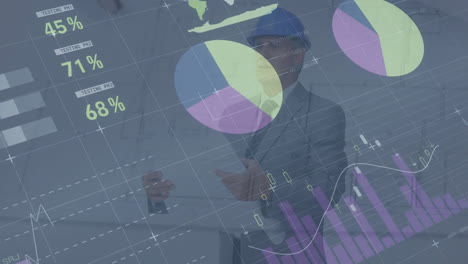 animación del procesamiento de datos financieros sobre arquitecto caucásico con planes en la oficina
