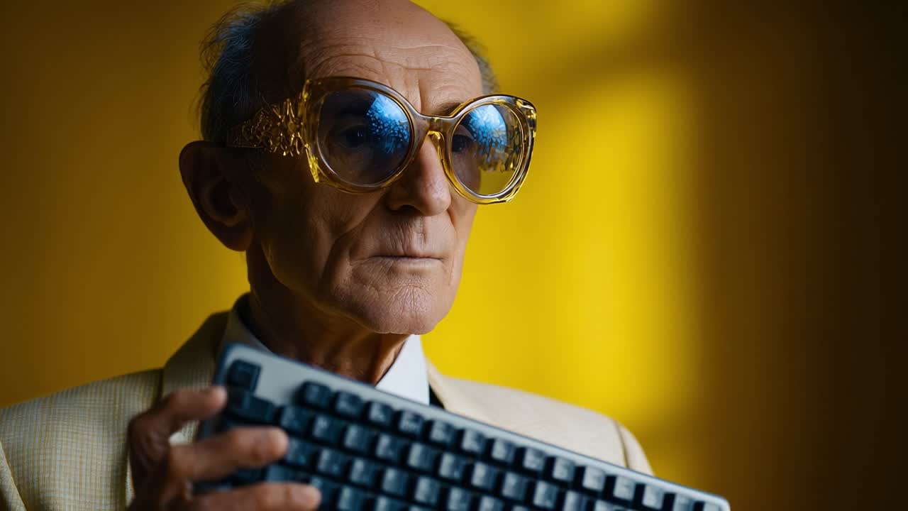 An Elderly Man in Unique Glasses and a Suit Engaged with a Computer Keyboard Against a Yellow Backdrop, Illustrating Technological Enthusiasm in Later Life