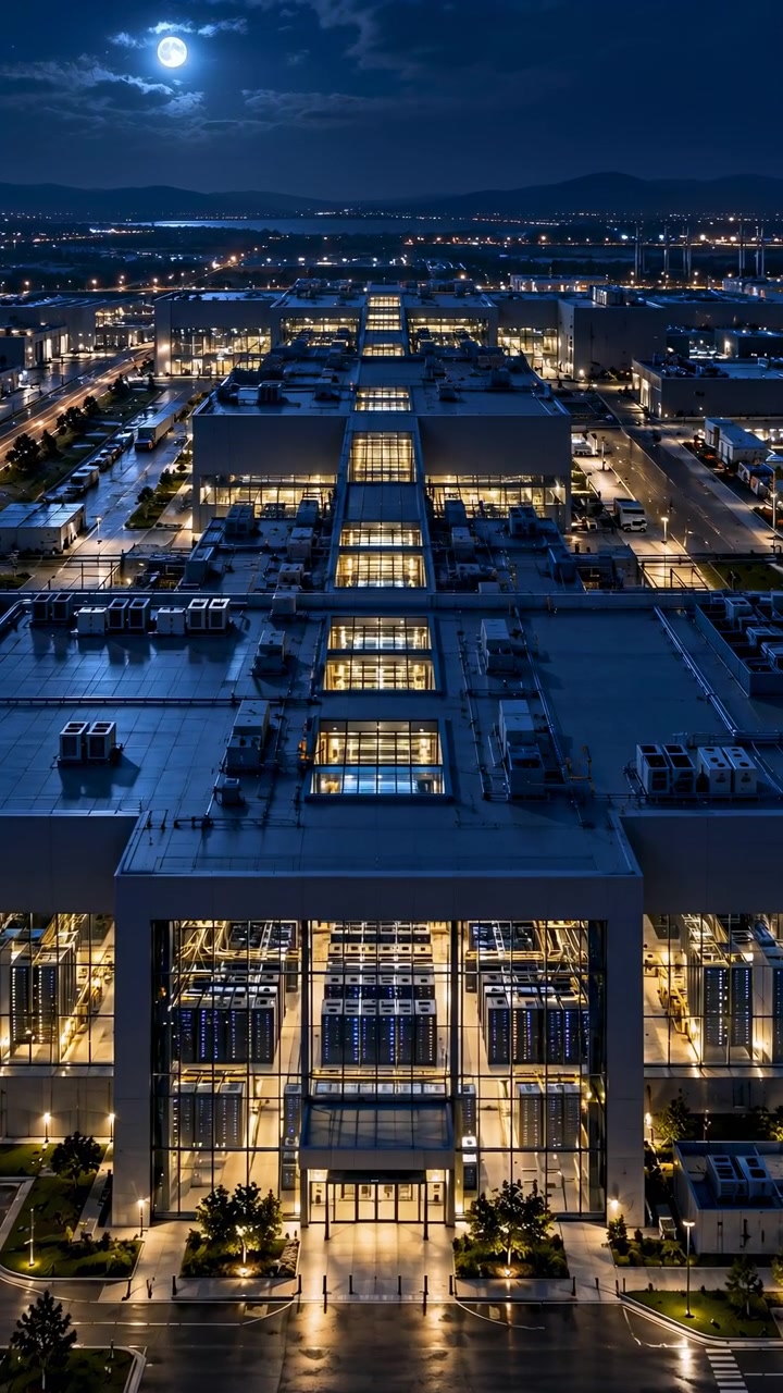 Movimento aéreo lento para a frente foca em um centro de dados moderno, com racks de servidor brilhantes visíveis através de janelas altas, pavimento reflexivo, equipamento no telhado, luzes distantes, colinas e nuvens iluminadas pela lua
