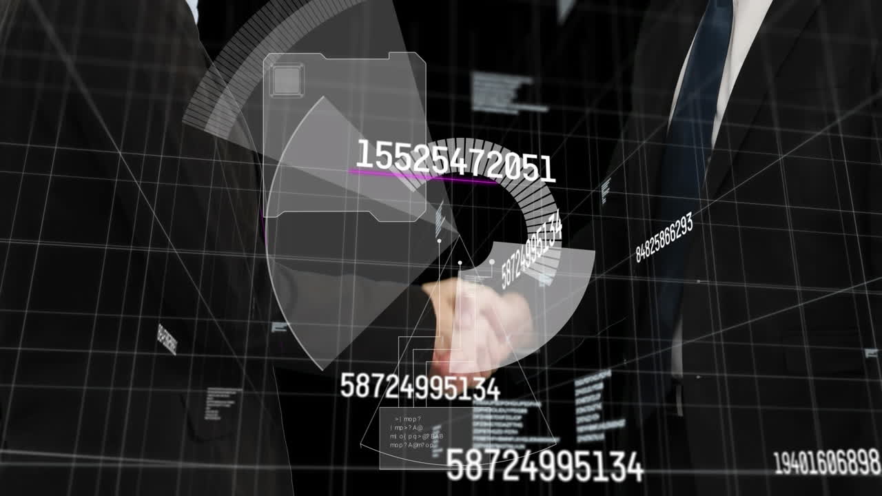 animación del procesamiento de datos sobre diversas personas de negocios que se dan la mano