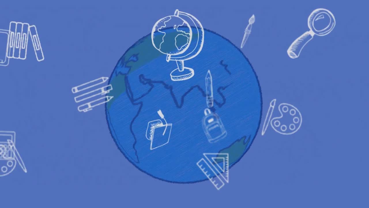 파란색 배경에 전 세계에 있는  ⁇ 색 학교 아이콘의 애니메이션