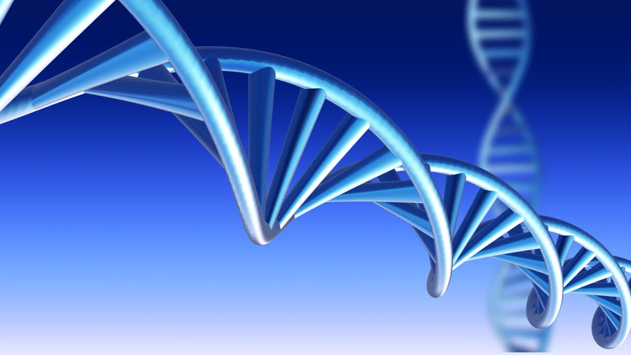 Animazione di eliche di DNA che ruotano su sfondo blu