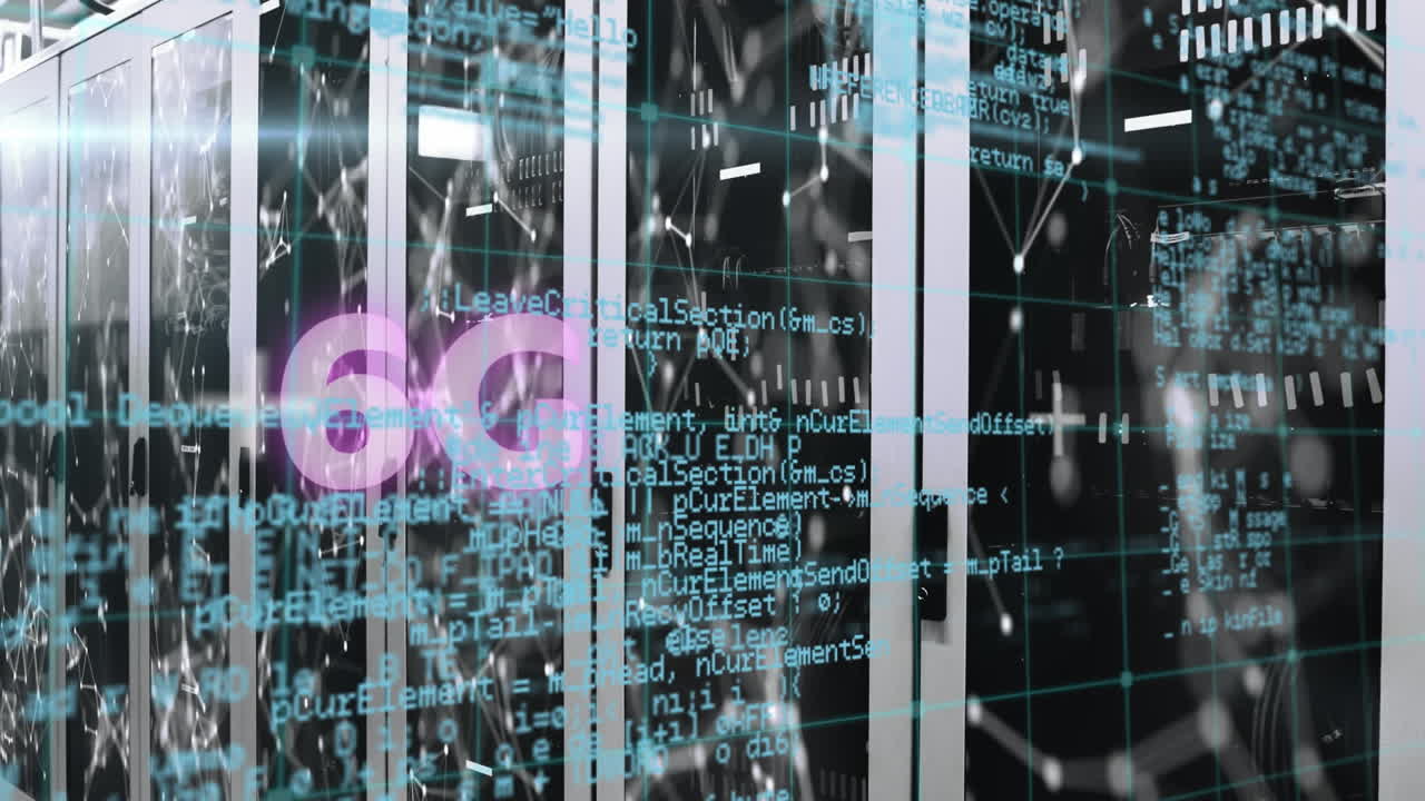 Animation of 6g text banner and data processing against network of connections over server room