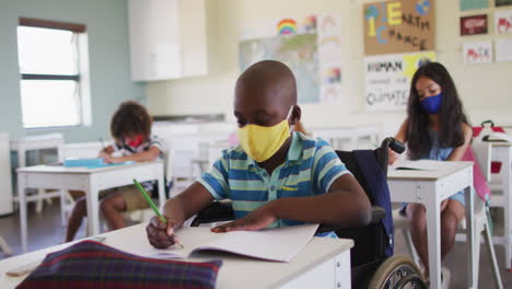 animation of school items icons moving over schoolchildren wearing face masks