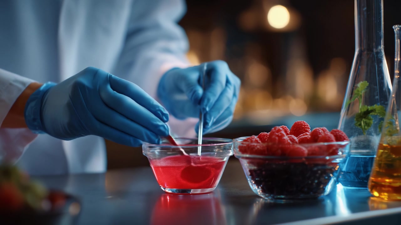 A scientist examines colorful raspberry gel in a laboratory, utilizing precise tools and techniques to explore the properties of the vibrant, delicious fruit substance.