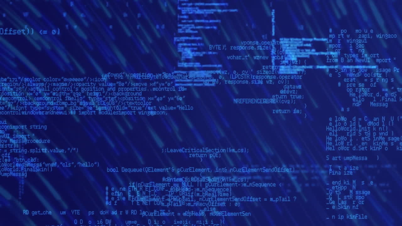 Animation of digital data processing over dark background