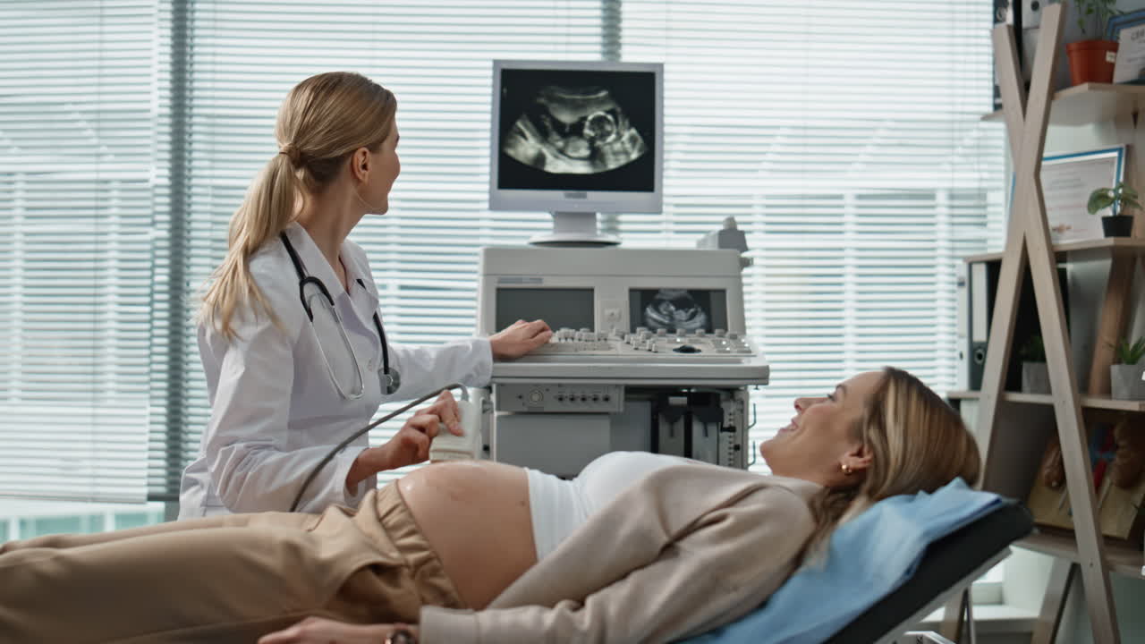 Doctor performing ultrasound pregnant woman in clinic. Happy patient on couch