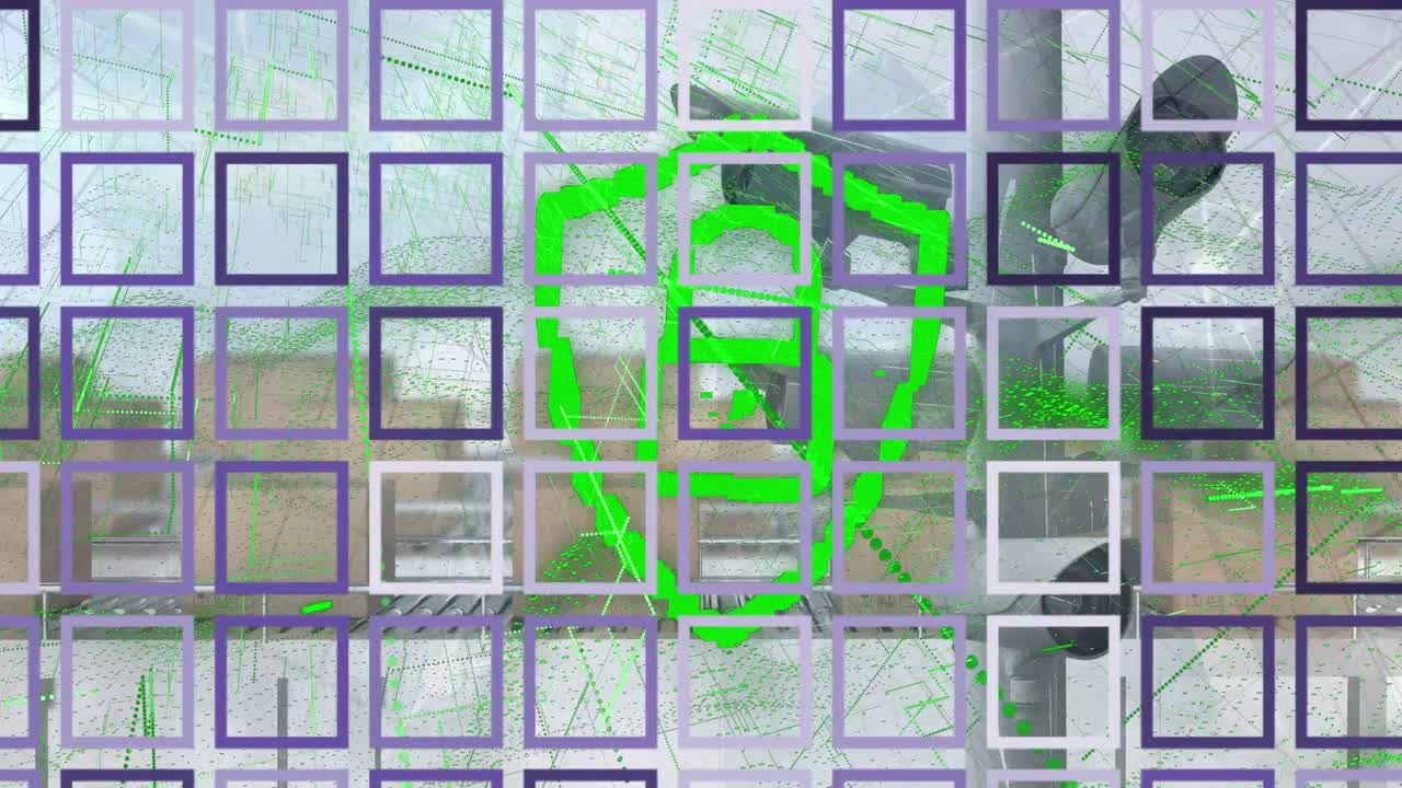 보안 카메라와 컨베이어 벨트에 있는 상자 위의 사각형과 락 아이콘의 애니메이션