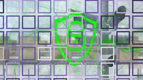 animación de cuadrados y icono de candado sobre cámara de seguridad y cajas en cinta transportadora