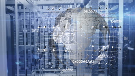 animation of changing numbers over spinning globe and data processing against computer server room