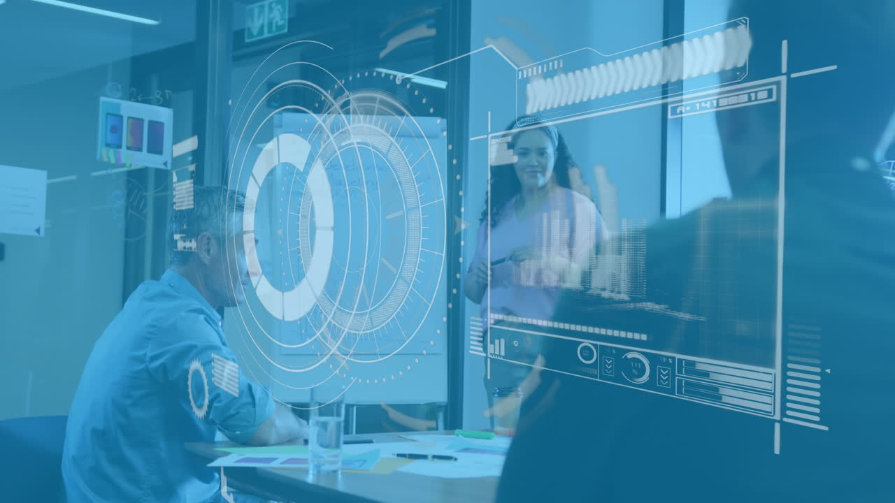 Animation of financial data processing over diverse business people having metting at office