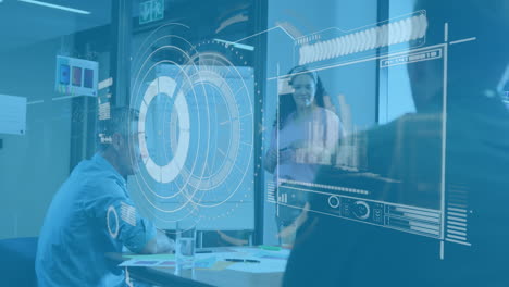 animation of financial data processing over diverse business people having metting at office