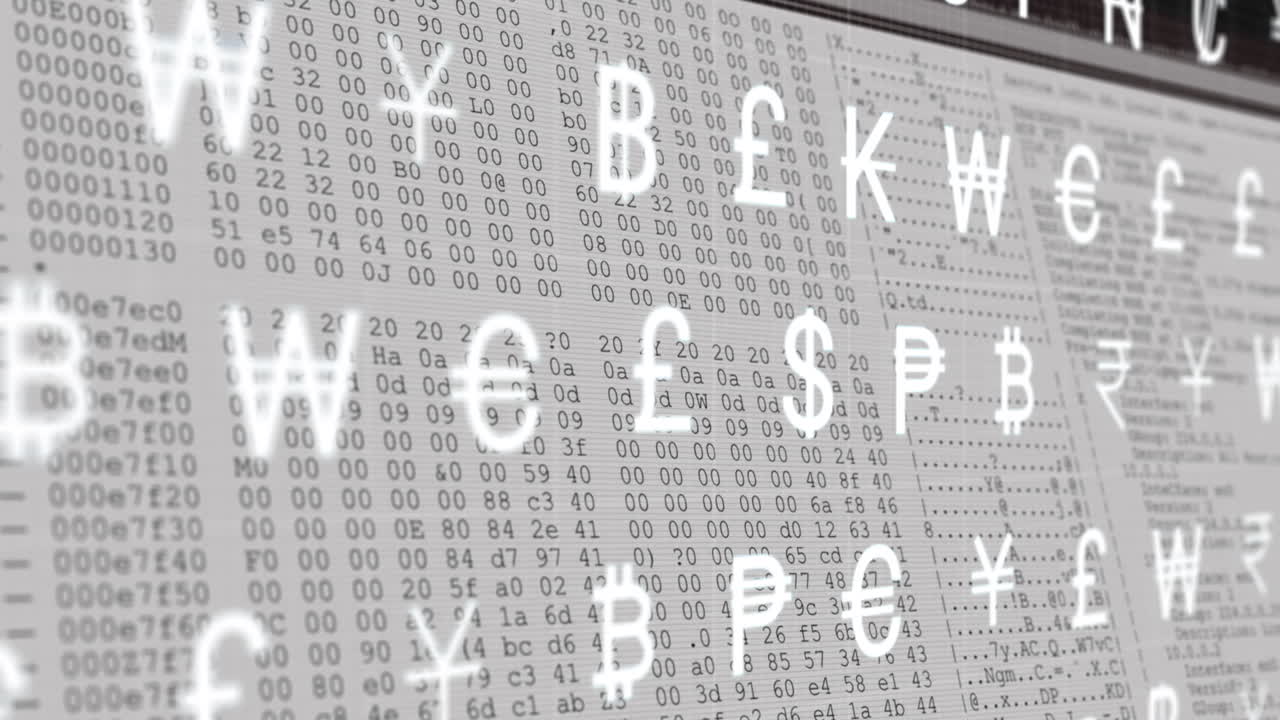 컴퓨터 화면에서 데이터 처리를 통해 이동하는 여러 통화 기호의 애니메이션