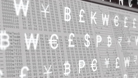 animation of multiple currency symbols moving over data processing on computer screen