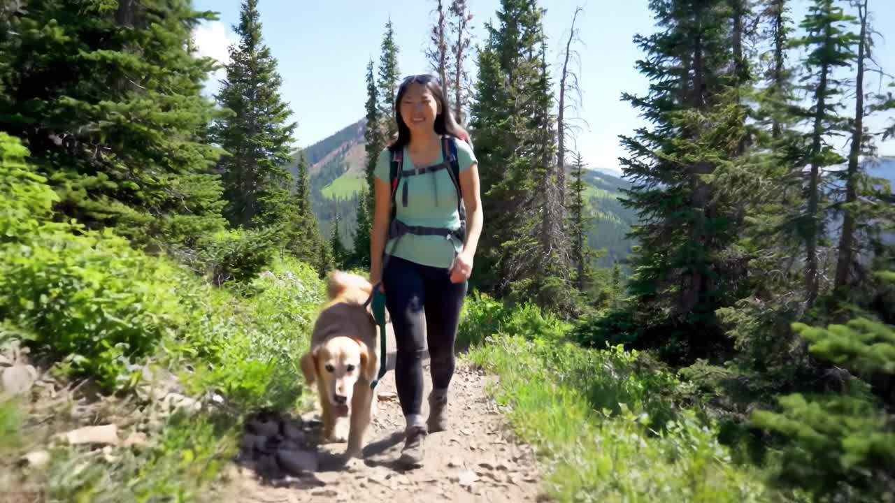 Exploring Nature: A Joyful Journey on a Scenic Trail with a Happy Dog and a Passionate Hiker Surrounded by Lush Greenery and Majestic Mountains