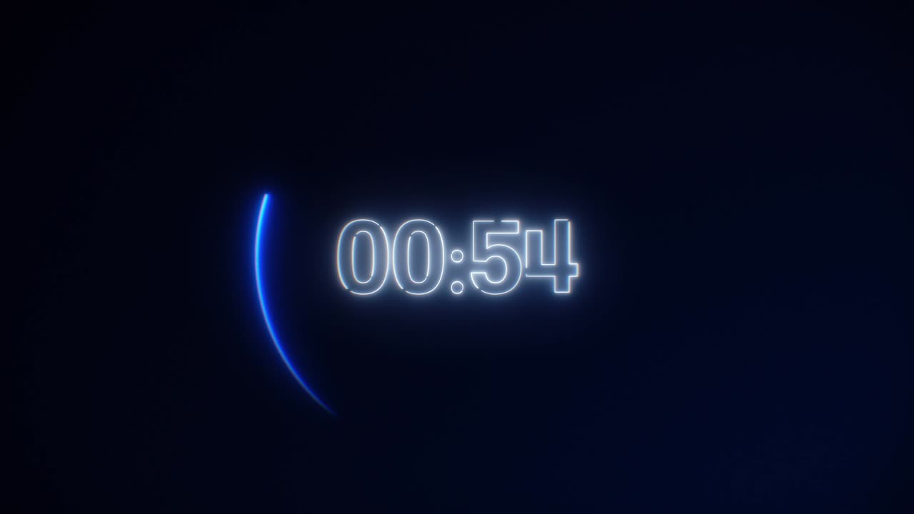 белый неоновый свет 60 секунд обратного отсчета на черном фоне. движущийся динамический свет. таймер от 60 до 0 секунд. 1-минутный обратный отсчет. 30 или 10 секунд.