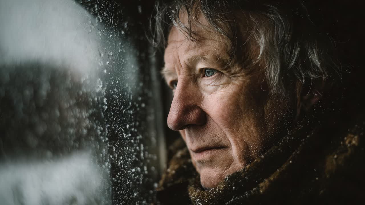 Um Olhar Contemplativo Através de uma Janela Encharcada pela Chuva, Capturando a Essência da Solidão e Reflexão Durante um Dia de Inverno, com o Personagem Imerso em Pensamentos