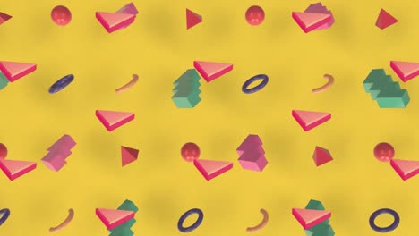 Animation-of-colourful-shapes-repeated-on-yellow-background