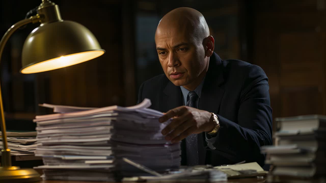 Leaning man in suit flipping, reading, aligning papers at office desk under lamp, reviewing files