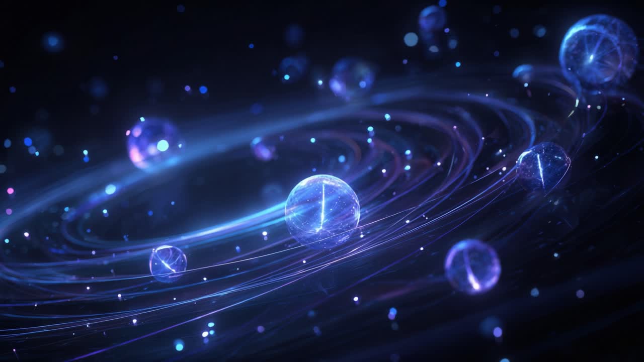 Conceptual abstract animation of celestial clocks floating in a deep blue space, representing the flow of time, eternity, and the theoretical physics of the universe's past, present, and future