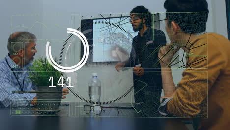 Animation of financial data processing over diverse business people in office
