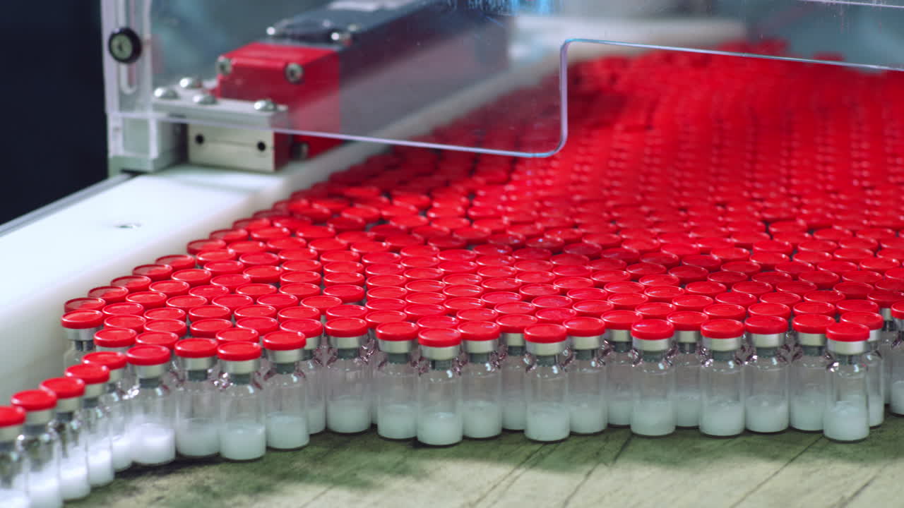 의약품 제조. 제조 라인에 포장 된 의료 병