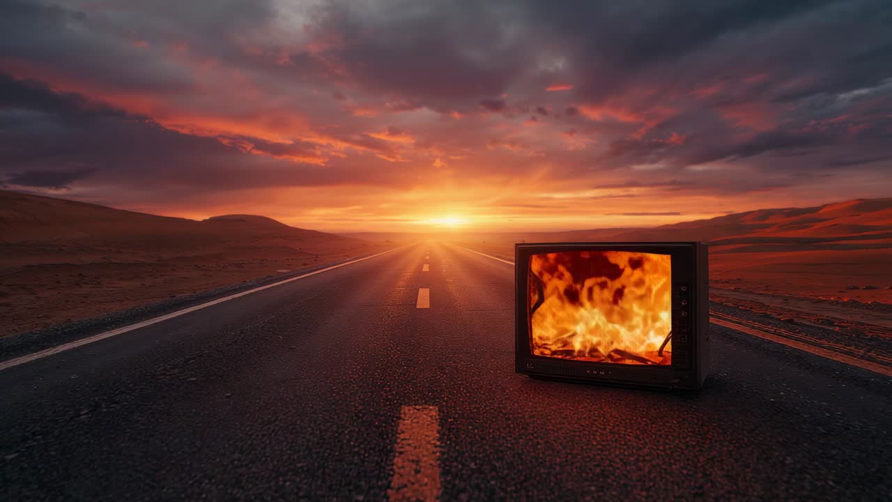 Opening shot displaying flickering fire on CRT television on asphalt highway in desert, copy space