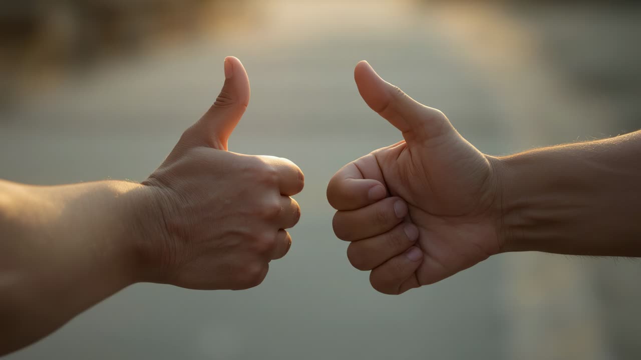 Entering frame, two adults' forearms holding thumbs-up on paved walkway, showing mutual approval
