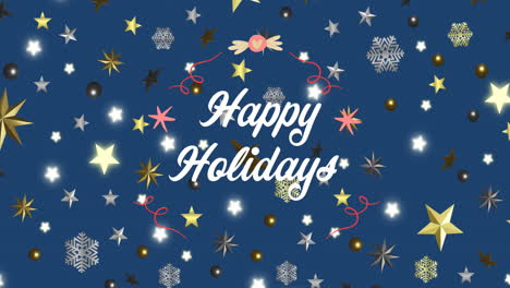 animation of abstract pattern on happy holiday text with snowflakes, stars over blue background