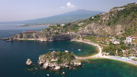 drone shot of the isola bella coastline and the ionian sea