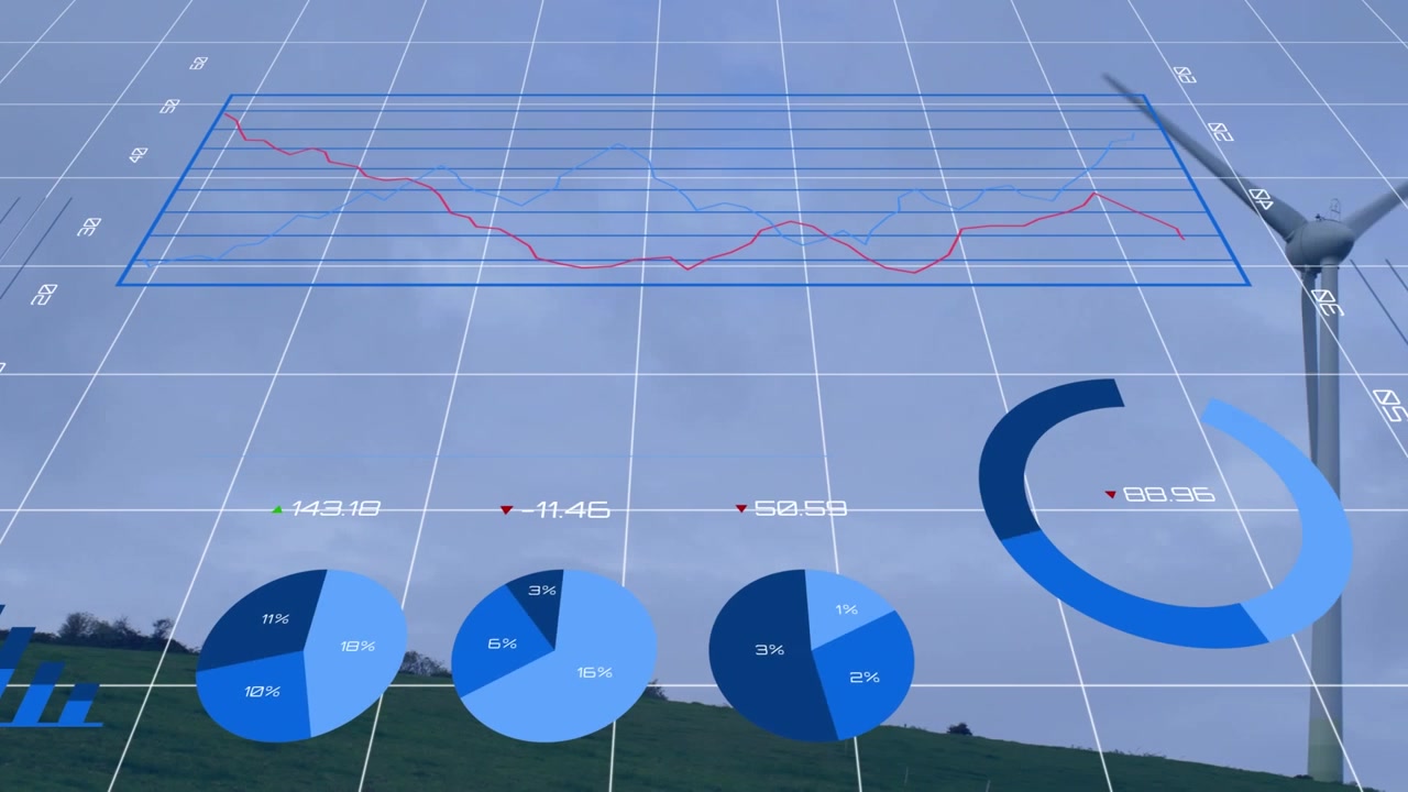 Holographic data overlay spawning on playback, animating charts showing wind turbine data