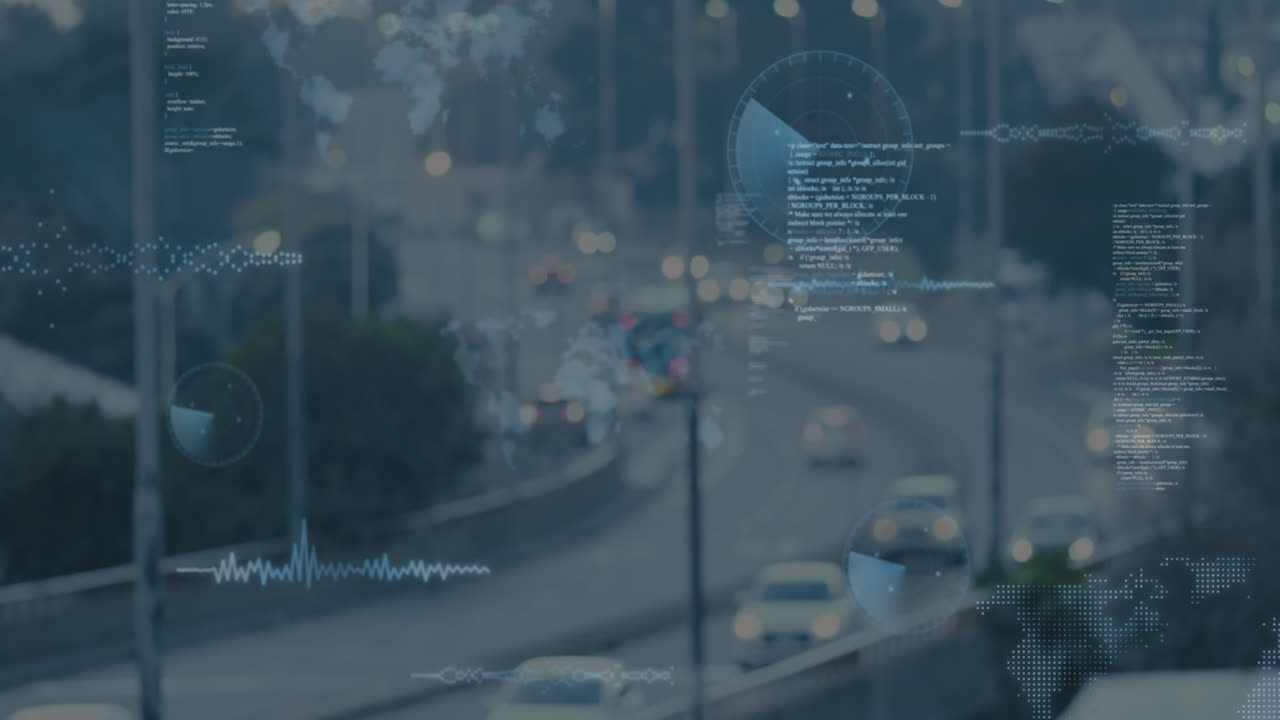 도시 교통의 공중 시야에 대한 데이터 처리의 애니메이션