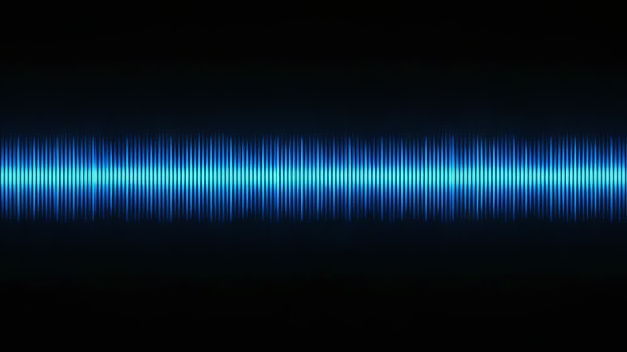 Pulsing centered horizontal waveform responding to incoming audio signal on black canvas, blue bars