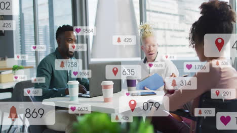 animation of multiple notification bars over diverse coworkers discussing reports in cafes