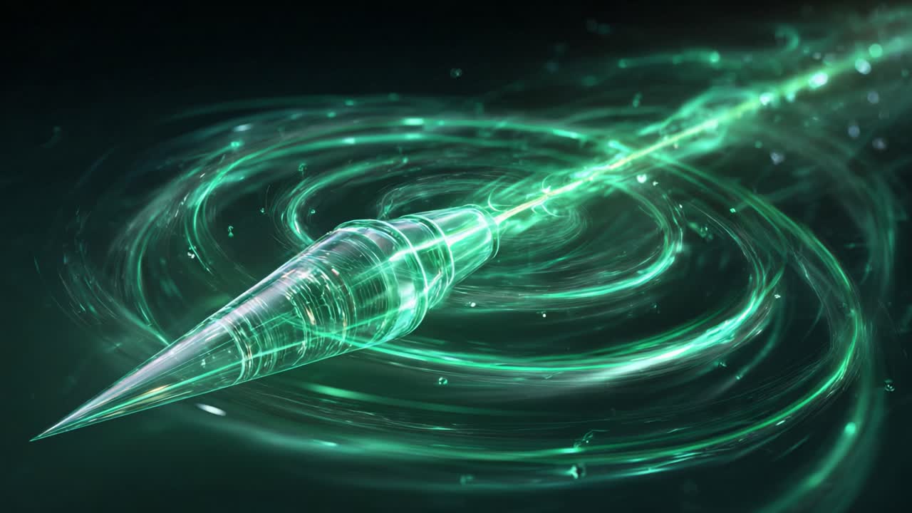 Pulsating green laser beam from a futuristic device forms a swirling vortex of glowing plasma and data like particles, evoking high tech energy transmission and sci fi motion
