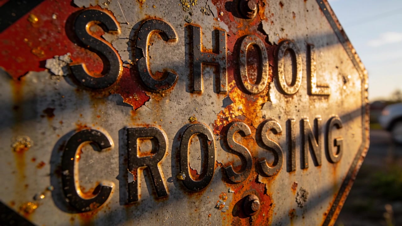 Pulling camera showing school crossing sign roadside to show embossed letters in sunset, copy space