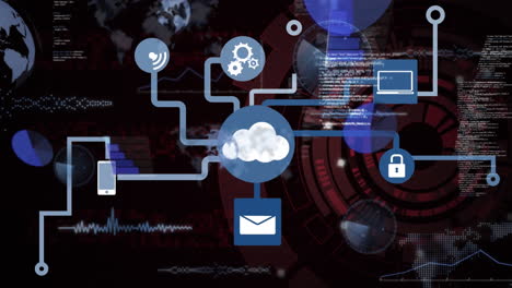 Animation of data processing and security icons over world map