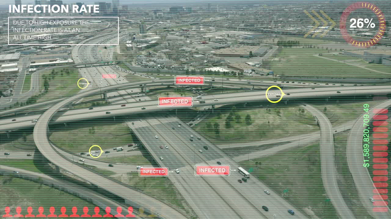 래스터 모션 그래픽 푸티지는 정보와 함께 고속도로에서 가상으로 감염되고 노출된 사람들을 표시합니다.