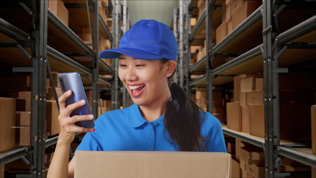 primer plano de una mensajera asiática en uniforme azul usando un teléfono inteligente mientras entrega un cartón en un almacén