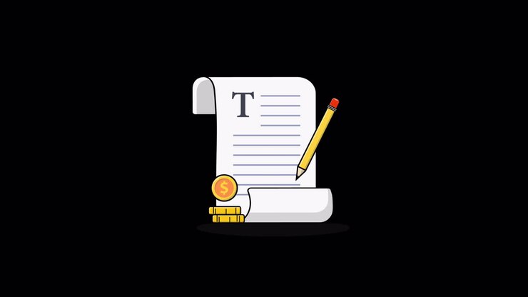 Illustrazione animata di un documento, una matita e denaro.