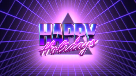 Happy-Holidays-with-retro-triangle-and-purple-grid-in-80s-style
