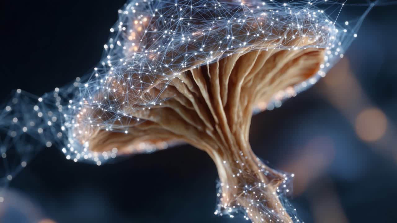 Hypnotic and Ethereal Illumination of a Digital Mushroom, Showcasing Intricate Patterns and a Network of Glowing Connections in a Dreamlike Environment