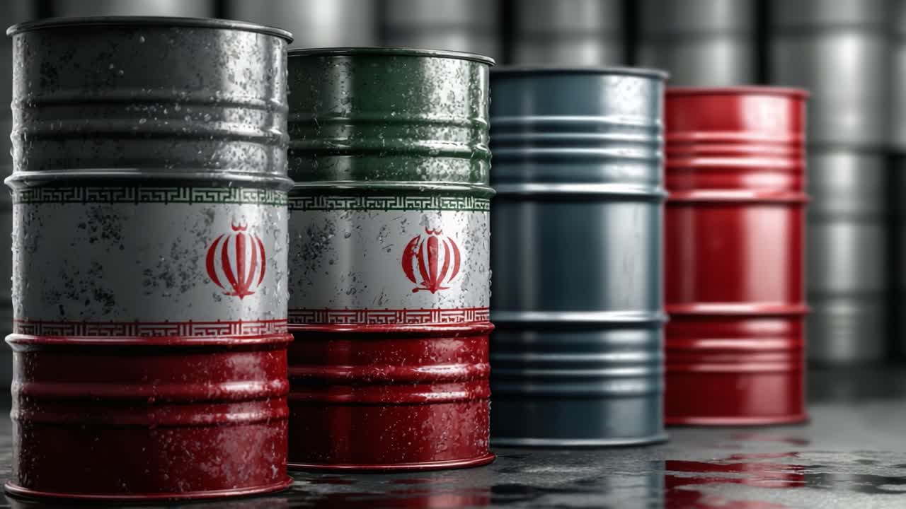 Eine Nahaufnahme verrosteter Ölfässer mit ausgeprägter iranischer Farbgebung und Symbolen, die industrielle Themen wie Energie und Ressourcenmanagement beleuchtet.