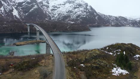 Aerial-Drone-4K-Footage-of-Bridge-in-Reine,-Lofoton-Islands,-Norway