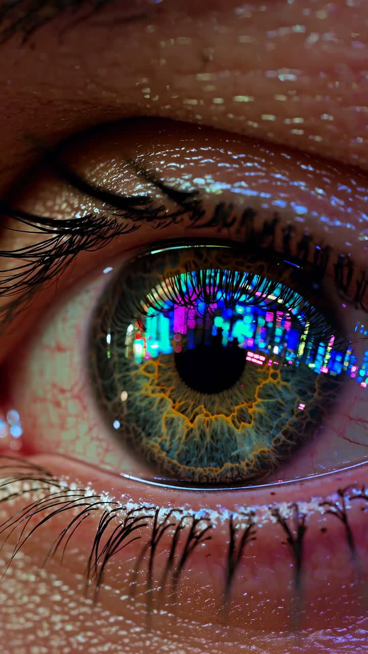Close-up of a human eye reflecting colorful digital patterns, resembling a futuristic video display