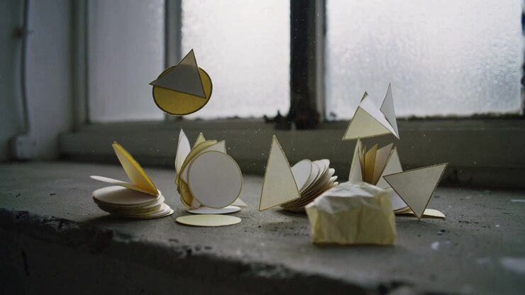 Draft lifting paper cluster from frosted window, rotating discs and folds, scattering crumpled wrap