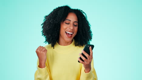 Yes,-winning-and-phone-of-black-woman-isolated